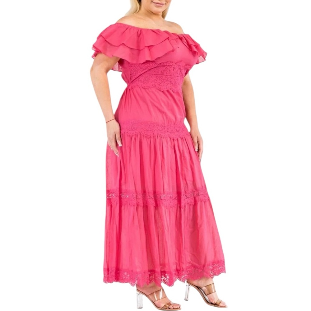 Find Me Plus Fuchsia Ruffle Off Shoulder Maxi Dress size 3X Runs Small NWT Lace